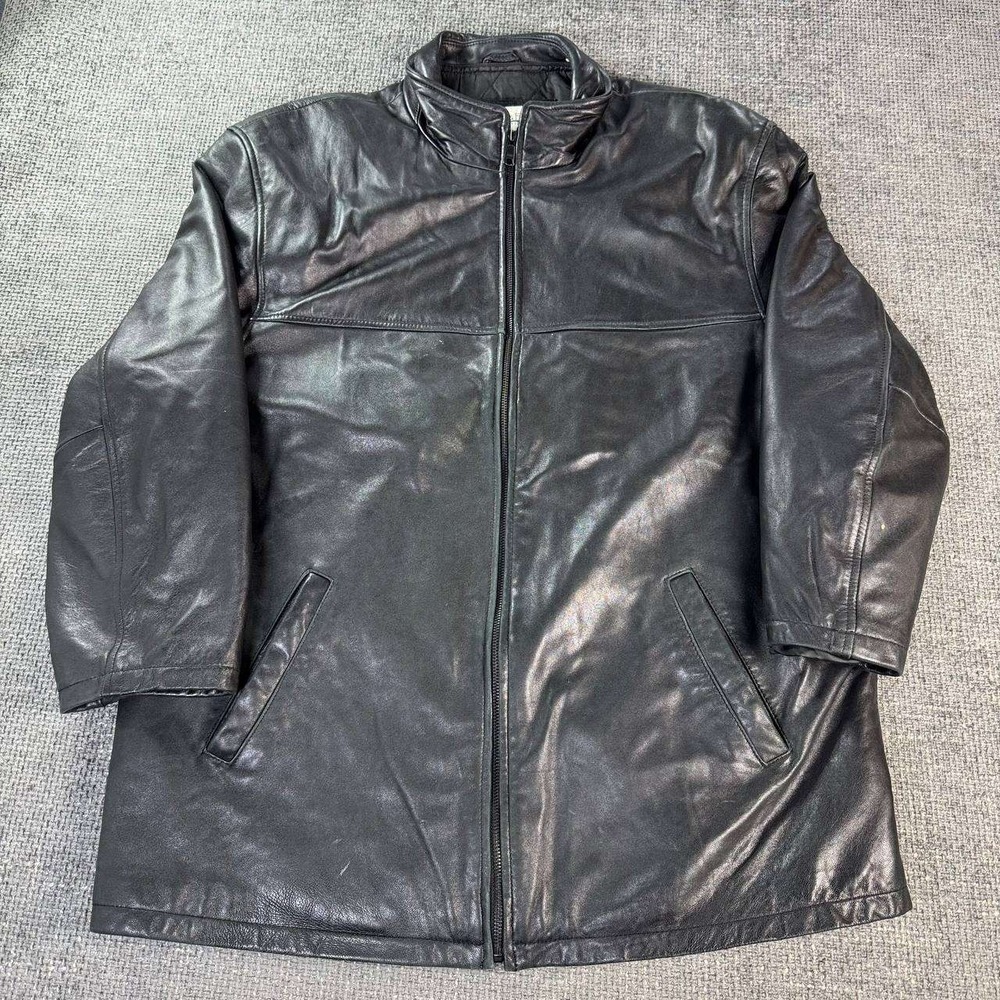 Joseph & Feiss Leather Jacket Mens Large Black Zip Front 90s Y2K Minimalist